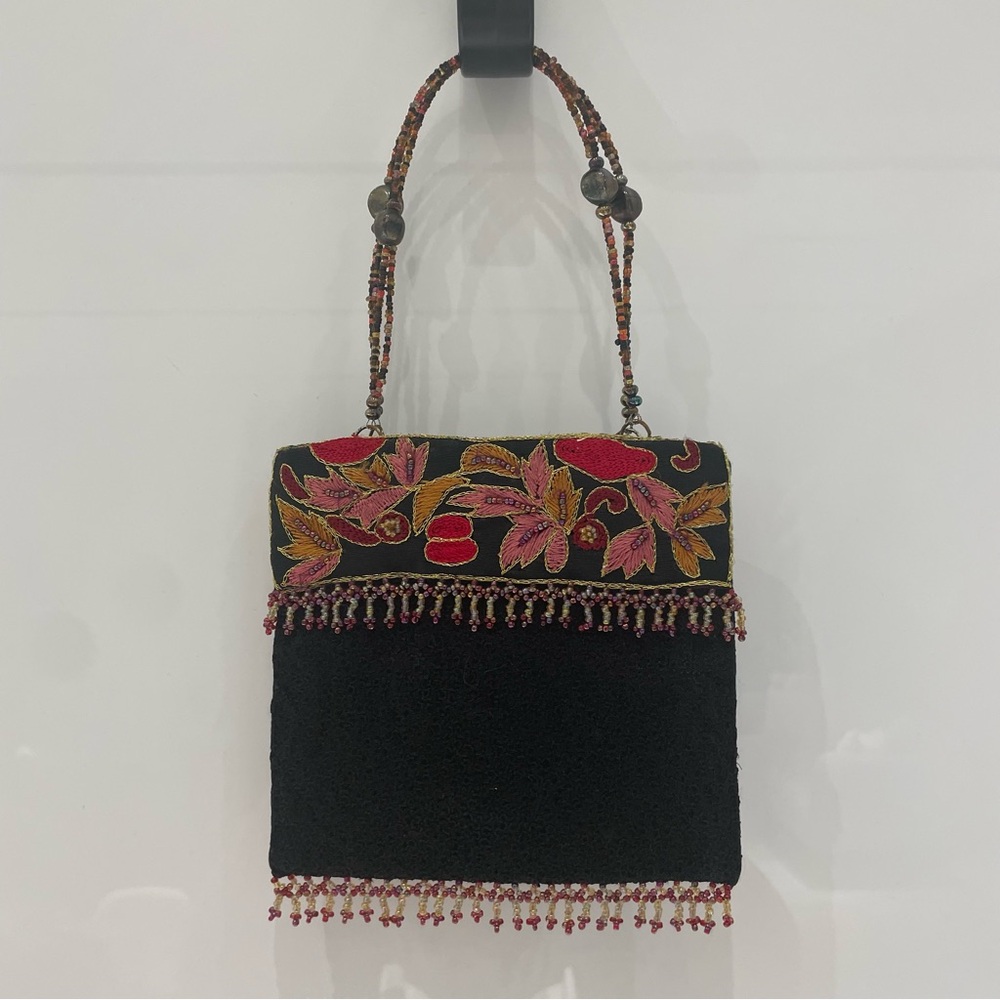 Christian Livingston Embroidered Black and Red Beaded Handbag